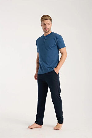 Moda Erkek İndigo Düğmeli Yaka Kısa Kol Pijama Takımı