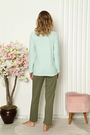 Moda Kadın Penye Uzun Kol Pijama Takım Su Yeşili