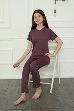 Moda Kız Çocuk Penye Pijama Takım Mürdüm
