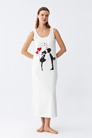 Moda Kadın Kalın Askılı Penye Uzun Ekru Gecelik