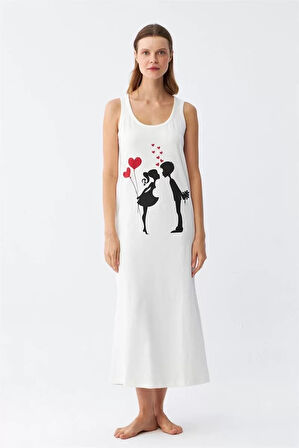 Moda Kadın Kalın Askılı Penye Uzun Ekru Gecelik