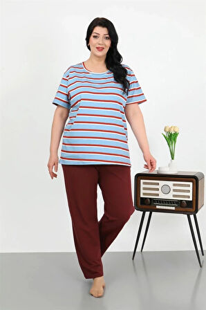 Moda Kadın Büyük Beden Kısa Kol Penye Pijama Takımı Mavi