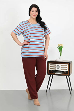 Moda Kadın Büyük Beden Kısa Kol Penye Pijama Takımı Mavi