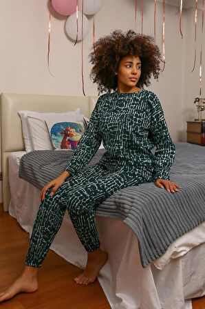 Moda Kadın Uzun Kol 3 İplik Penye Pijama Takım Yeşil