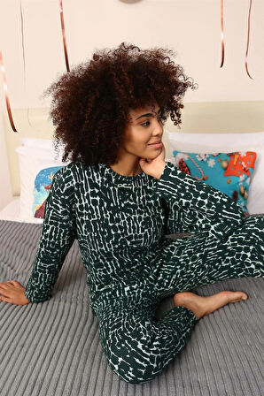 Moda Kadın Uzun Kol 3 İplik Penye Pijama Takım Yeşil