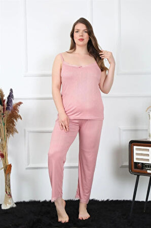 Moda Kadın Büyük Beden Pudra İp Askılı Pijama Takım