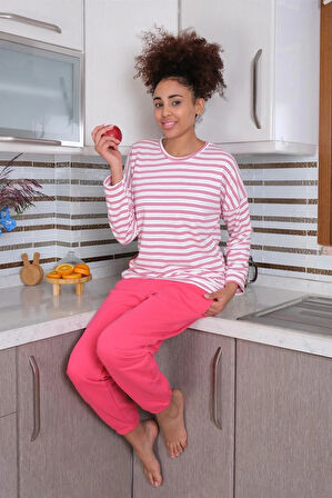 Moda Kadın Uzun Kol 3 İplik Penye Pijama Takım Beyaz