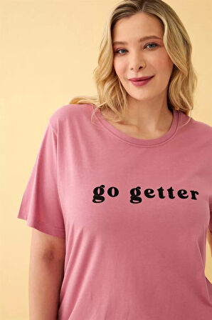 Moda Kadın Somon Go Getter Yazılı Büyük Beden Pijama Takımı