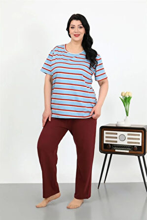 Moda Kadın Büyük Beden Kısa Kol Penye Pijama Takımı Mavi