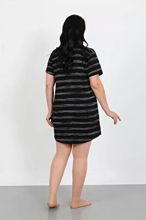 Moda Büyük Beden Penye Düğmeli Siyah Tunik Gecelik