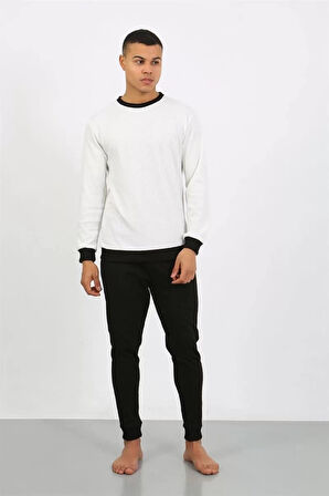 Moda Erkek Uzun Kol Manşetli Paça Penye Pijama Takımı Beyaz