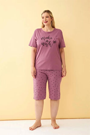 Moda Kadın Mürdüm “Make a Wish” Yazılı Büyük Beden Kapri Pijama Takımı
