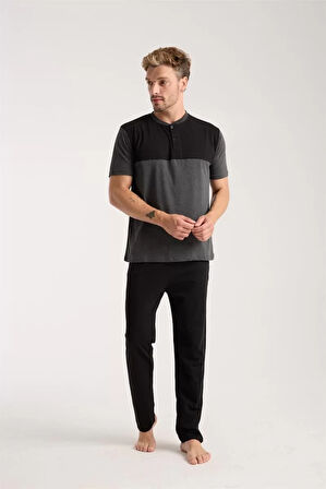 Moda Erkek Antrasit Düğmeli Yaka Kısa Kol Pijama Takımı