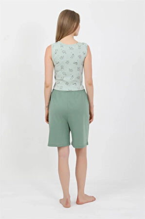 Moda Kadın Kalın Askılı Pamuk Penye Şortlu Crop Takım SuYeşili