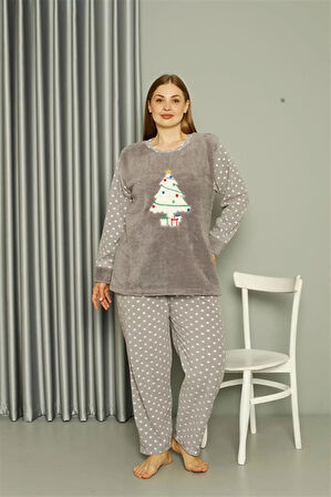 Moda Polar Kadın Büyük Beden Gri Pijama Takımı