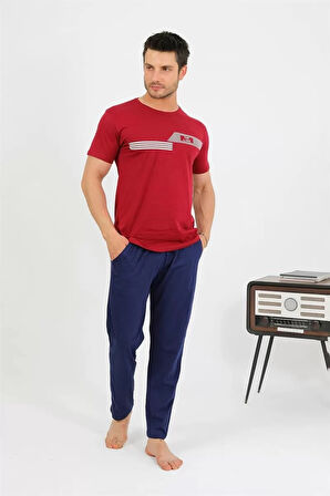 Moda Erkek Pamuk Kısa Kol Pijama Takım Bordo