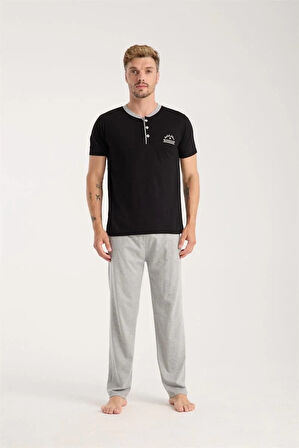 Moda Erkek Siyah Düğmeli Yaka Kısa Kol Pijama Takımı