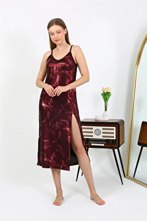 Moda Kadın İp Askılı Uzun Parlak Micro Elbise Gecelik Bordo