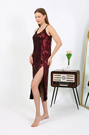 Moda Kadın İp Askılı Uzun Parlak Micro Elbise Gecelik Bordo