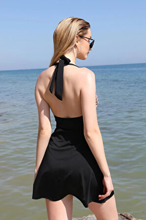 Moda Kadın Likralı Şortlu Fiyonklu Elbise Mayo Siyah