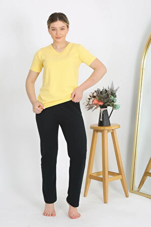 Moda Kadın Kısa Kol Pamuk Penye Pijama Takım Sarı