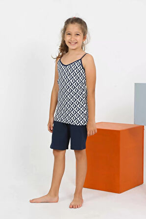 Moda Kız Çocuk İp Askılı Şortlu Penye Lacivert Pijama Takım