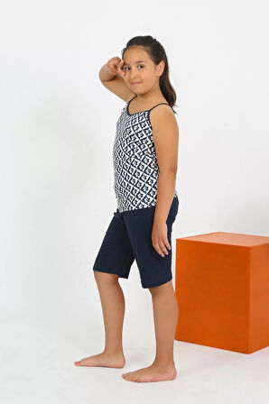 Moda Kız Çocuk İp Askılı Şortlu Penye Lacivert Pijama Takım