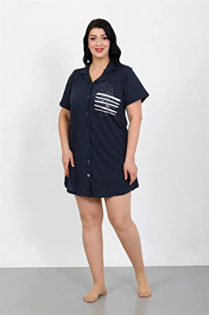 Moda Büyük Beden Penye Düğmeli Lacivert Tunik Gecelik