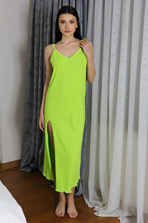 Moda Kadın İp Askılı Uzun Yırtmaçlı Pamuk Penye Gecelik Yeşil