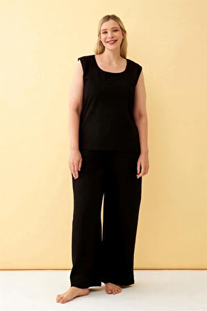 Moda Kadın Siyah Keten Jakarlı Büyük Beden Alt Üst Takım