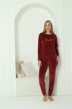 Moda Kadın Kadife Bordo Pijama Takım