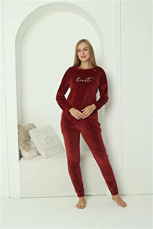 Moda Kadın Kadife Bordo Pijama Takım