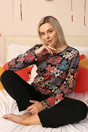 Moda Kadın Uzun Kol Penye Pijama Takım Siyah