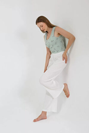 Moda Kadın Kalın Askılı Body Bol Paça Pantolon 2`li Takım Beyaz