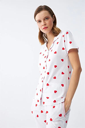 Moda Kadın Beyaz Kırmızı Kalpli Önden Düğmeli Pijama Takımı