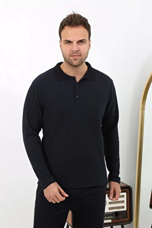 Moda Erkek Polo Yaka Uzun Kol Penye Pijama Takımı Lacivert