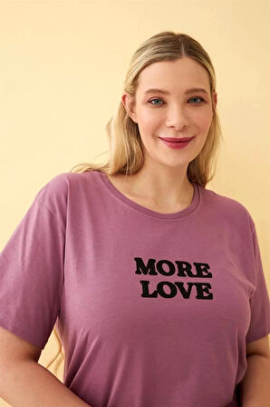 Moda Kadın Mürdüm More Love Yazılı Büyük Beden Pijama Takımı