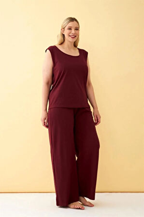 Moda Kadın Bordo Büyük Beden Penye Alt Üst Takım