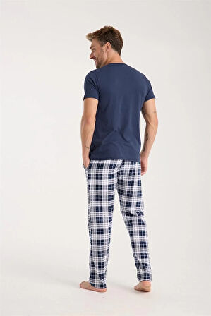Moda Erkek Lacivert Düğmeli Yaka Kısa Kol Pijama Takımı