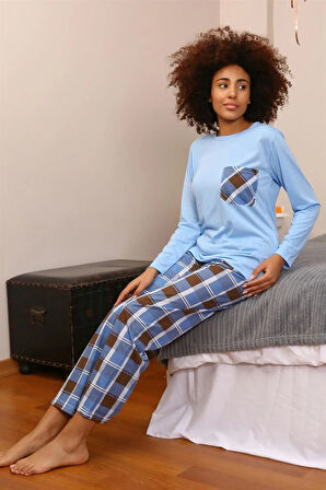 Moda Kadın Uzun Kol Penye Pijama Takım Mavi