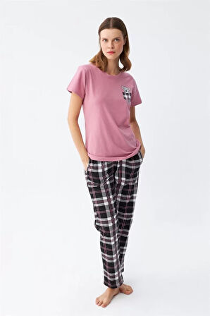 Moda Kadın Somon Ayıcık Baskılı Ekoseli Penye Pijama Takımı