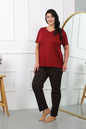 Moda Kadın Büyük Beden Kısa Kol Penye Pijama Takımı Bordo