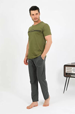 Moda Erkek Pamuk Kısa Kol Pijama Takım Haki