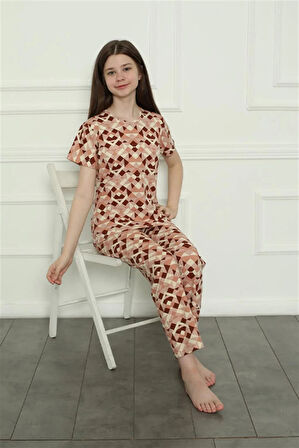 Moda Kız Çocuk Penye Pijama Takım Sütlü Kahve