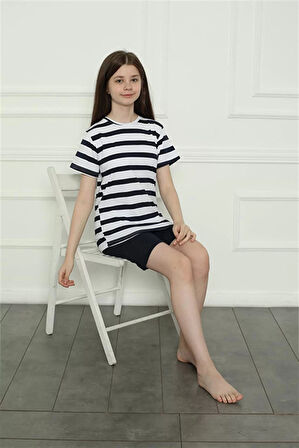 Moda Kız Çocuk Penye Şortlu Pijama Takım Lacivert