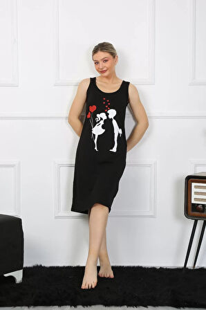 Moda Kadın Kalın Askılı Penye Uzun Siyah Gecelik