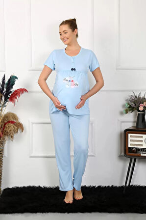 Moda Kadın Kısa Kol Hamile Lohusa Pijama Takımı Mavi