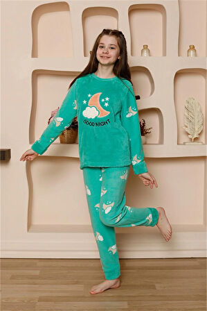Moda Kız Çocuk Polar Yeşil Pijama Takımı