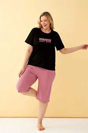 Moda Kadın Siyah “No Rules Just Ride” Yazılı Büyük Beden Kapri Pijama Takımı