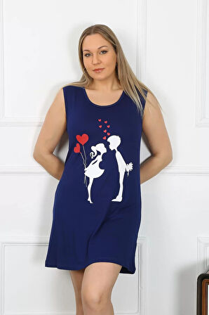 Moda Kadın Büyük Beden Kalın Askılı Penye Diz Üstü Lacivert Gecelik